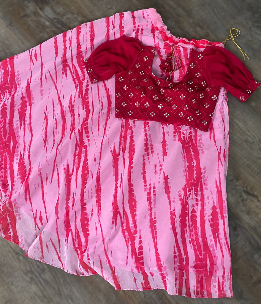 Pink Georgette Lehenga & Blouse Set with Lahariya Print & Mirrorwork ClothsVilla