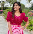 Load image into Gallery viewer, Pink Georgette Lehenga &amp; Blouse Set with Lahariya Print &amp; Mirrorwork ClothsVilla