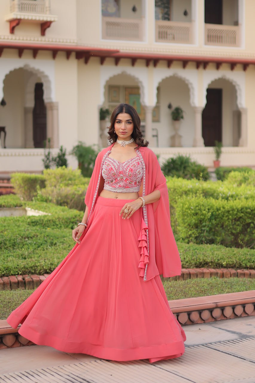 Pink Georgette Lehenga Choli with Koti Shrug ClothsVilla