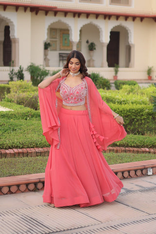 Pink Georgette Lehenga Choli with Koti Shrug ClothsVilla