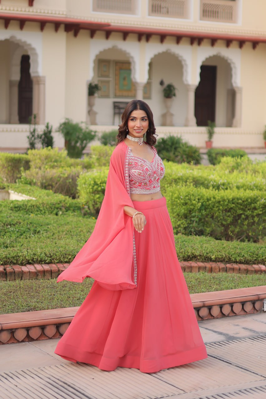 Pink Georgette Lehenga Choli with Koti Shrug ClothsVilla