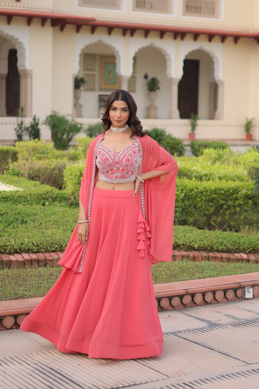 Pink Georgette Lehenga Choli with Koti Shrug ClothsVilla