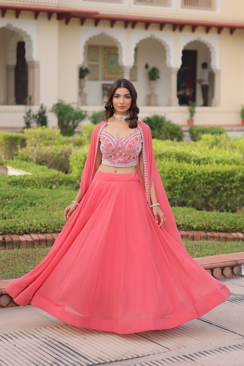 Pink Georgette Lehenga Choli with Koti Shrug ClothsVilla