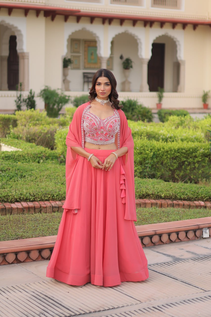 Pink Georgette Lehenga Choli with Koti Shrug ClothsVilla Main image