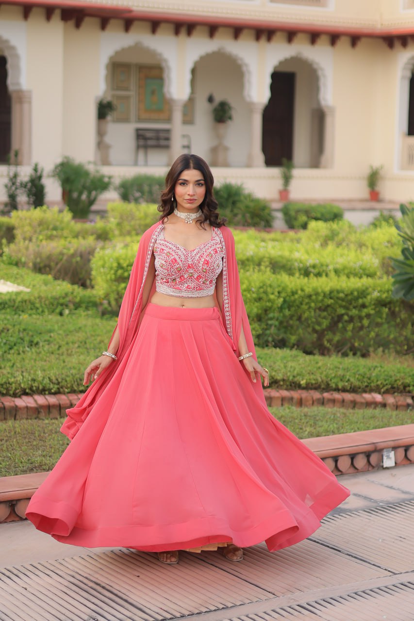 Pink Georgette Lehenga Choli with Koti Shrug ClothsVilla