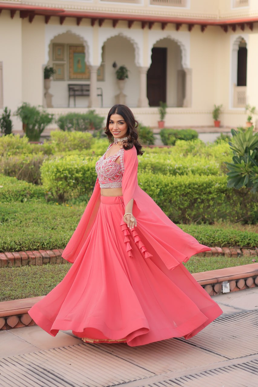 Pink Georgette Lehenga Choli with Koti Shrug ClothsVilla