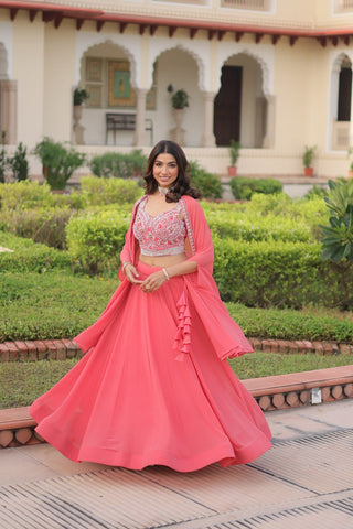 Pink Georgette Lehenga Choli with Koti Shrug ClothsVilla