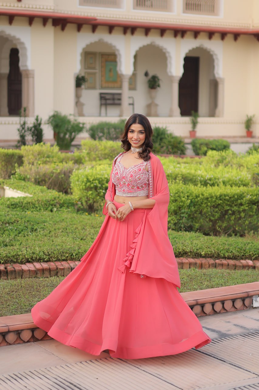 Pink Georgette Lehenga Choli with Koti Shrug ClothsVilla