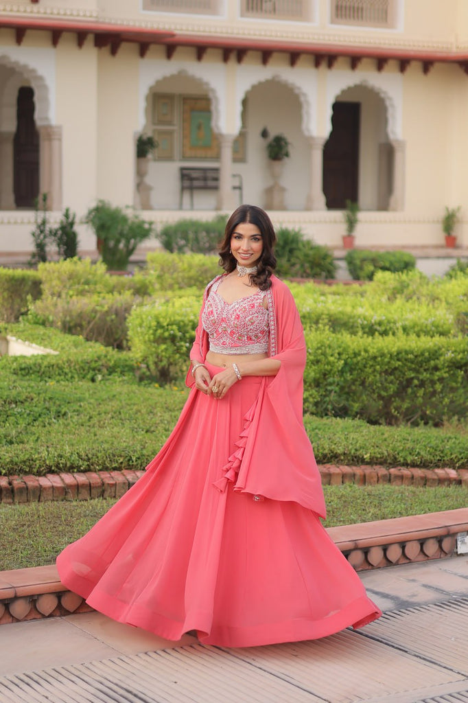 Pink Georgette Lehenga Choli with Koti Shrug ClothsVilla