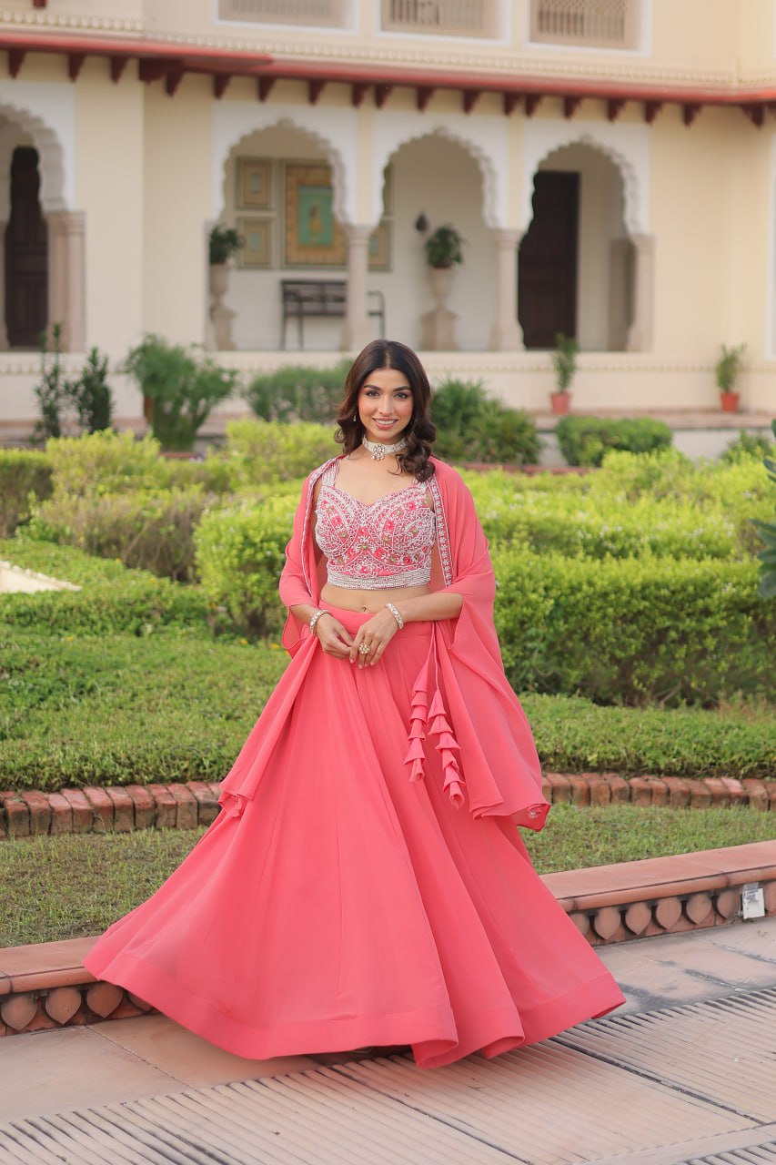 Pink Georgette Lehenga Choli with Koti Shrug ClothsVilla