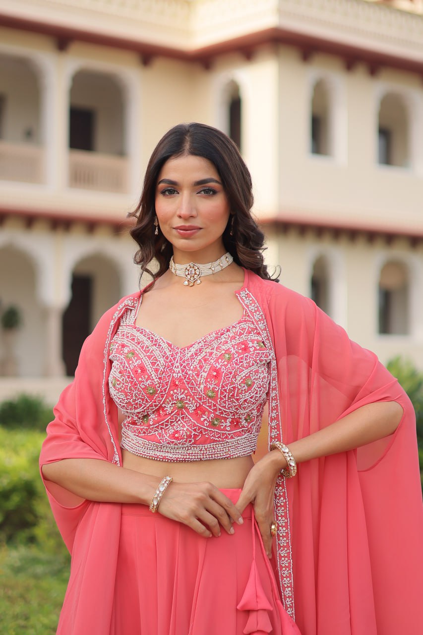 Pink Georgette Lehenga Choli with Shrug ClothsVilla