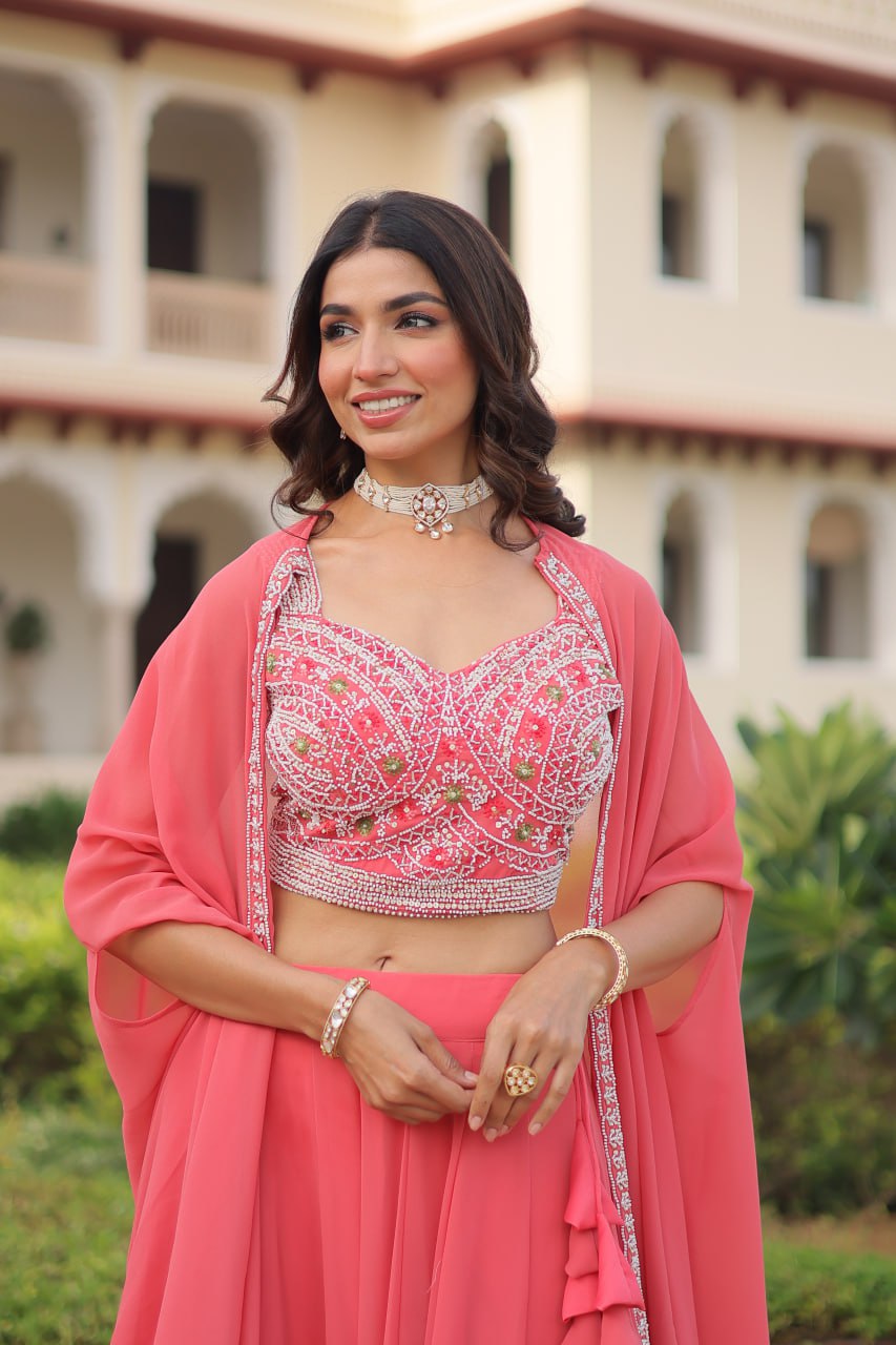 Pink Georgette Lehenga Choli with Shrug ClothsVilla