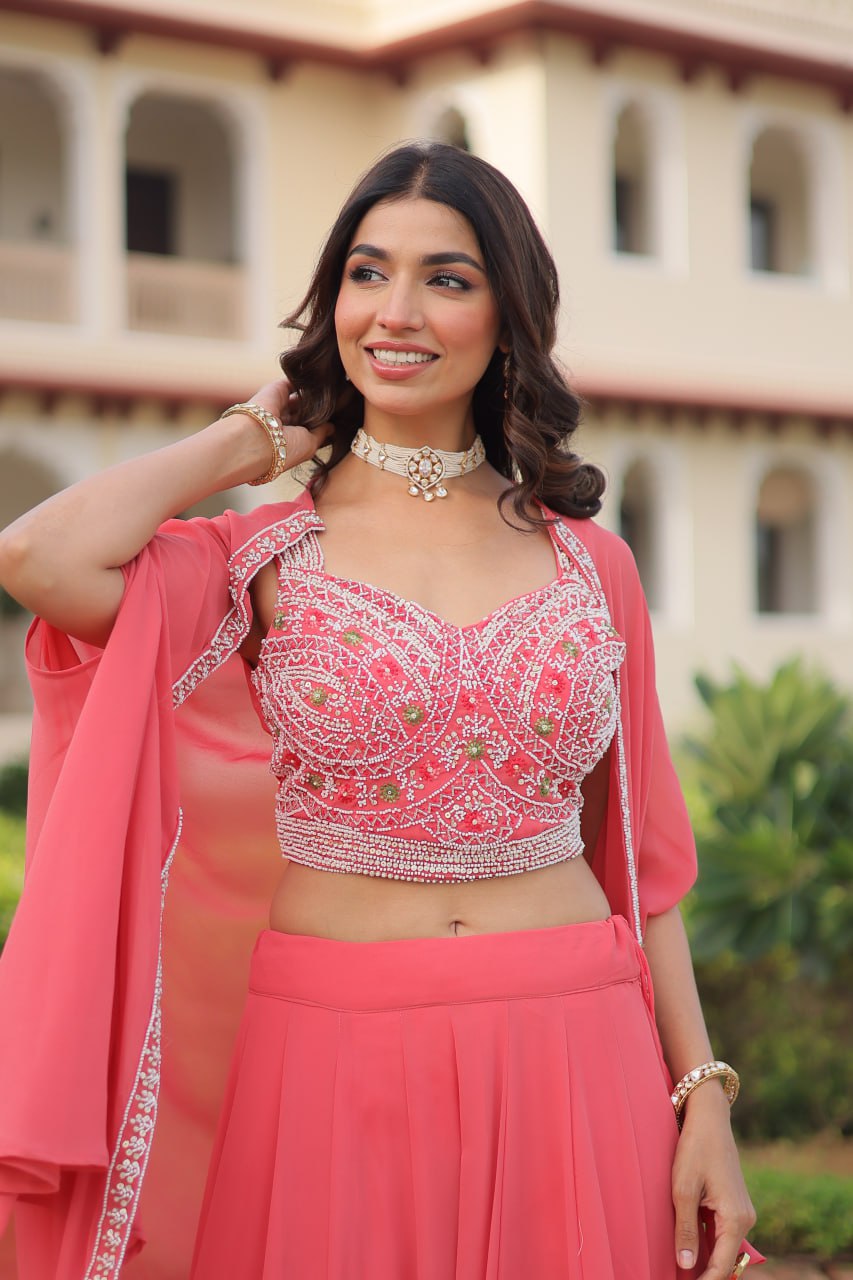 Pink Georgette Lehenga Choli with Shrug ClothsVilla