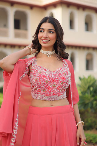 Pink Georgette Lehenga Choli with Shrug ClothsVilla
