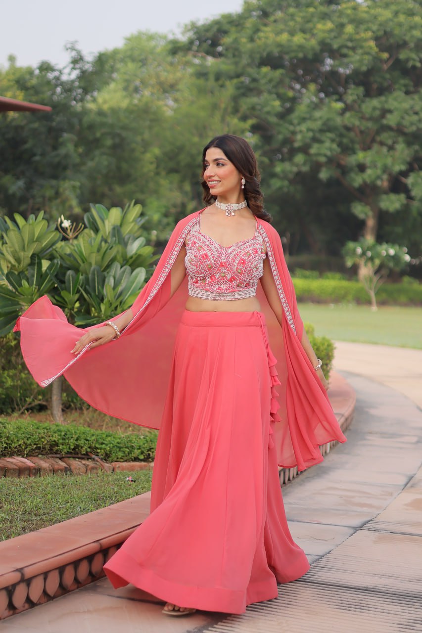 Pink Georgette Lehenga Choli with Shrug ClothsVilla