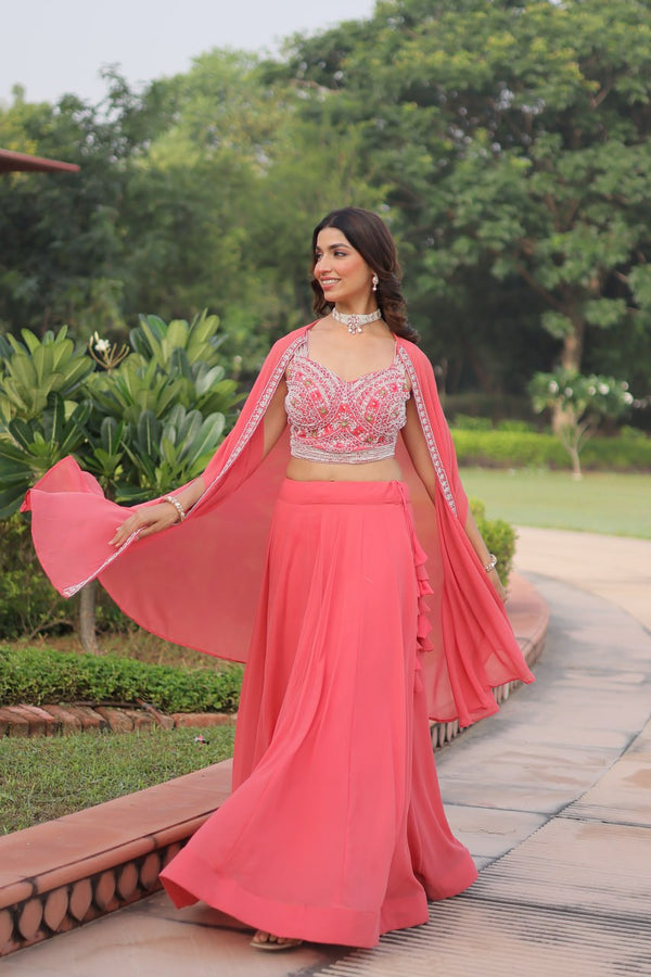 Pink Georgette Lehenga Choli with Shrug ClothsVilla