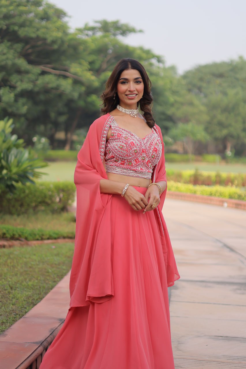 Pink Georgette Lehenga Choli with Shrug ClothsVilla