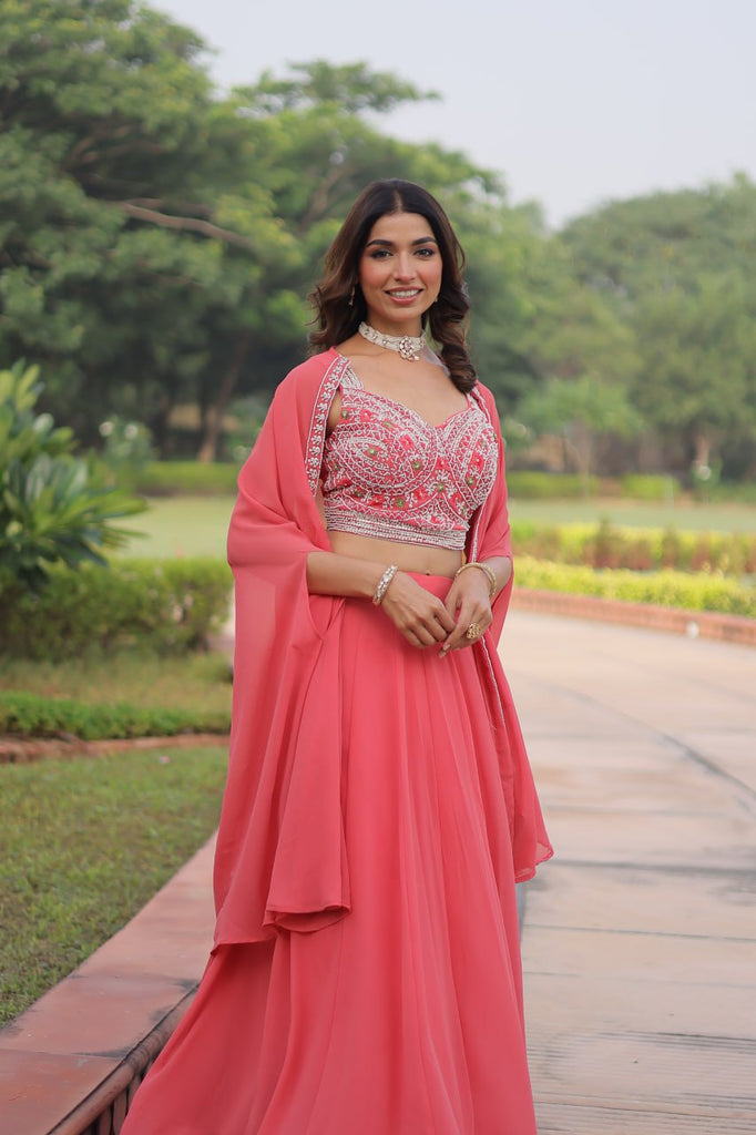 Pink Georgette Lehenga Choli with Shrug ClothsVilla