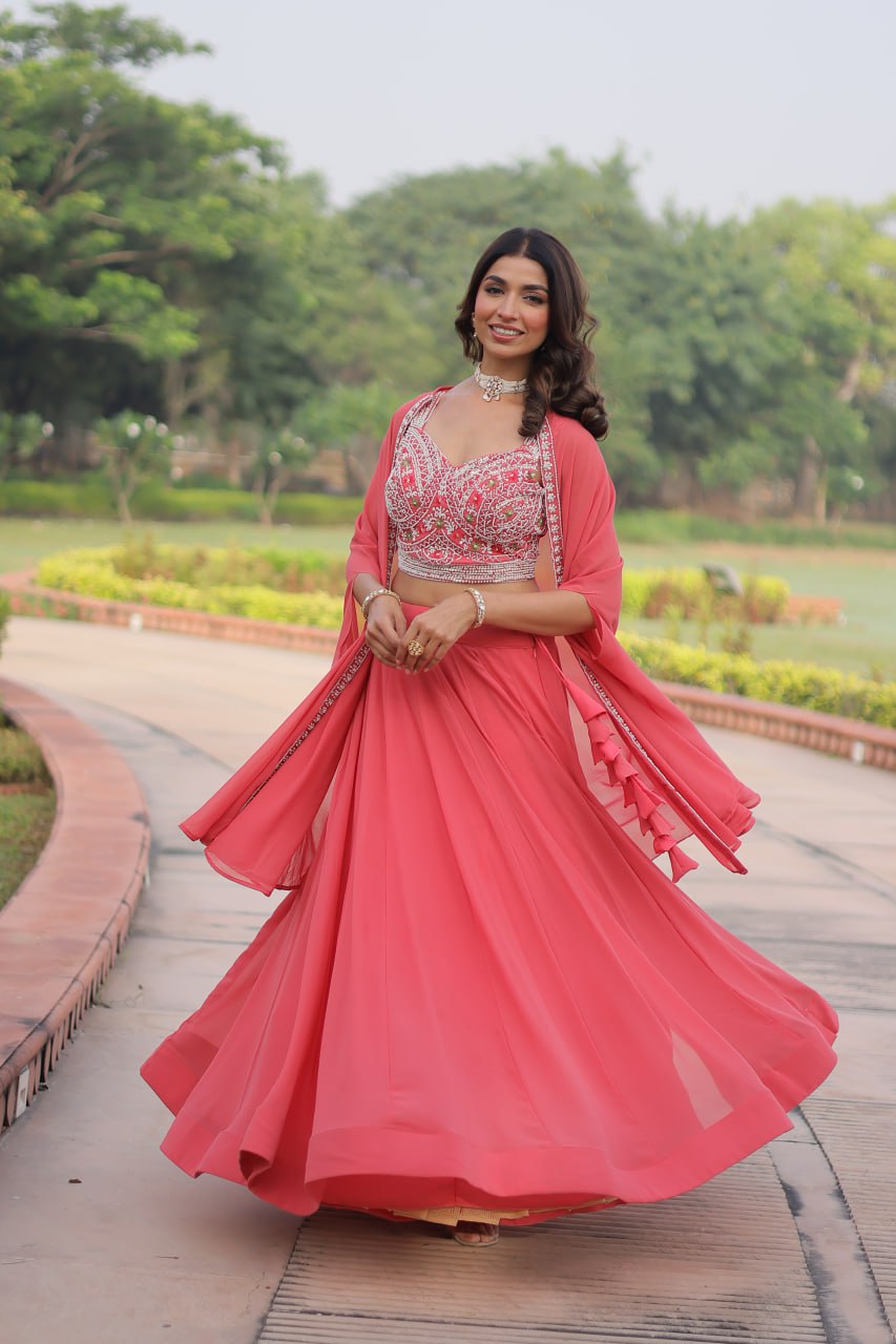 Pink Georgette Lehenga Choli with Koti Shrug ClothsVilla