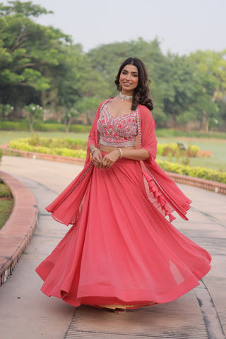 Pink Georgette Lehenga Choli with Koti Shrug ClothsVilla
