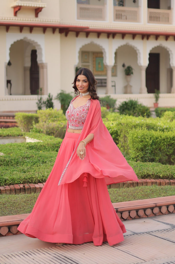 Pink Georgette Lehenga Choli with Koti Shrug ClothsVilla