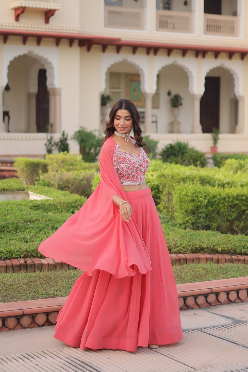Pink Georgette Lehenga Choli with Koti Shrug ClothsVilla