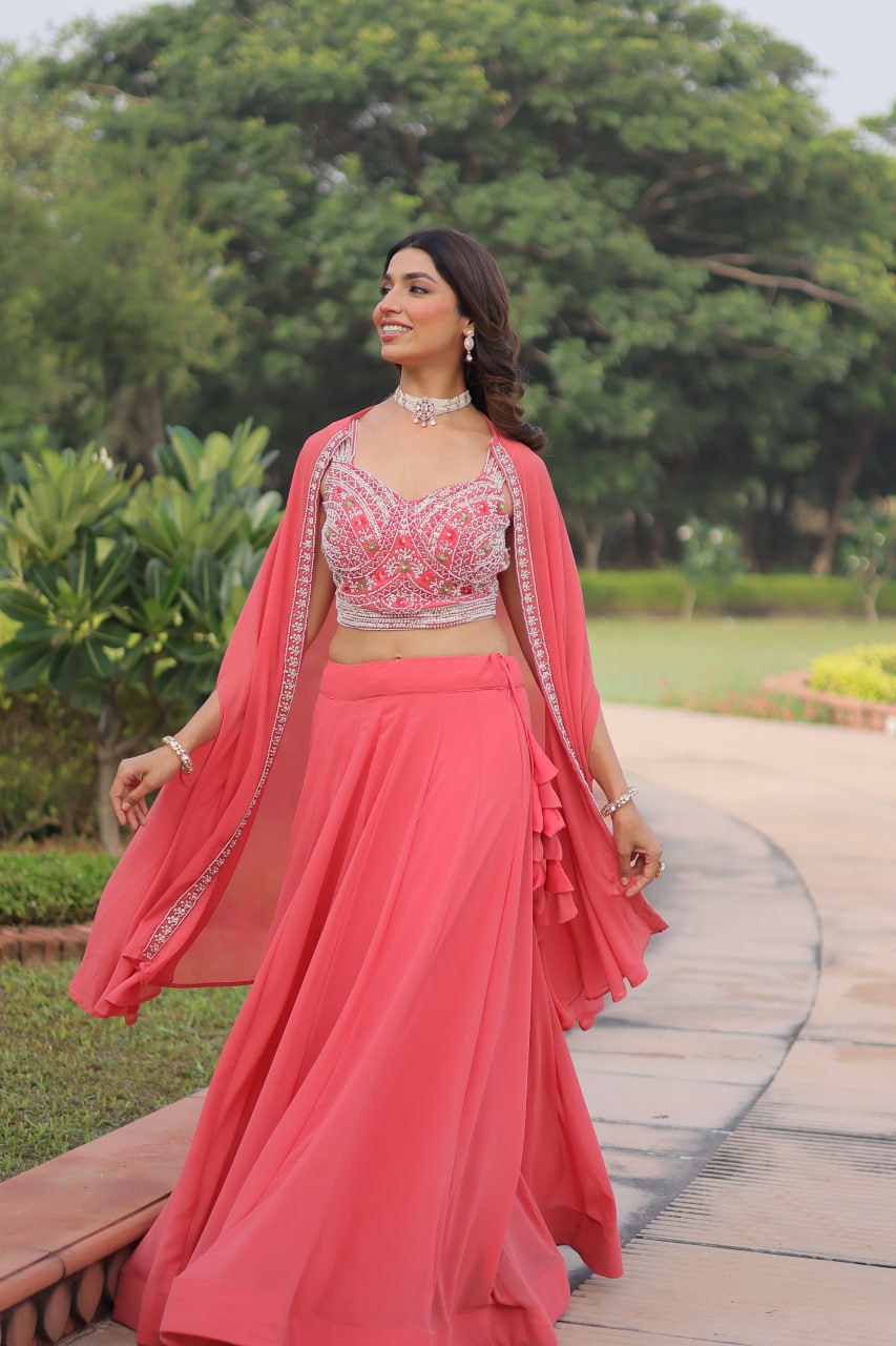 Pink Georgette Lehenga Choli with Shrug ClothsVilla