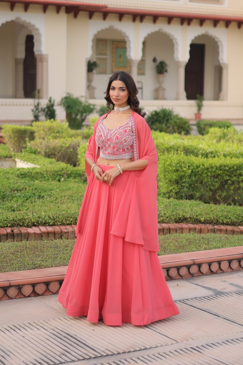Pink Georgette Lehenga Choli with Koti Shrug ClothsVilla