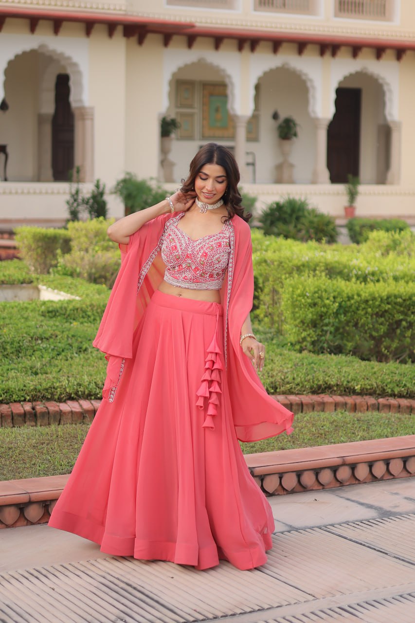 Pink Georgette Lehenga Choli with Koti Shrug ClothsVilla