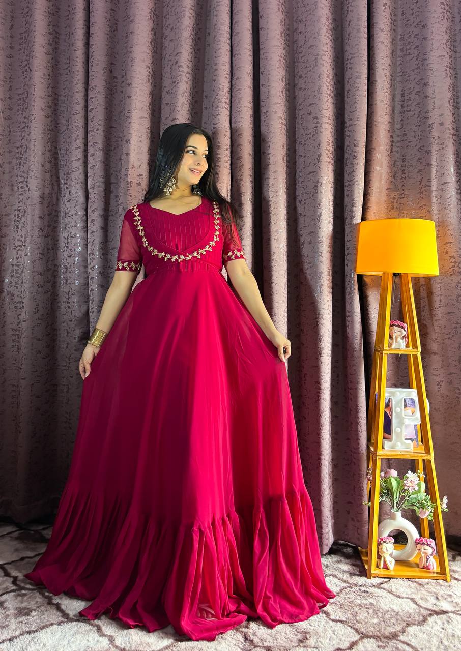 Pink Georgette Ruffle Gown with Removable Net Koti – Festive Wear Collection ClothsVilla