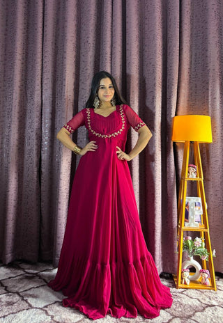 Pink Georgette Ruffle Gown with Removable Net Koti – Festive Wear Collection ClothsVilla