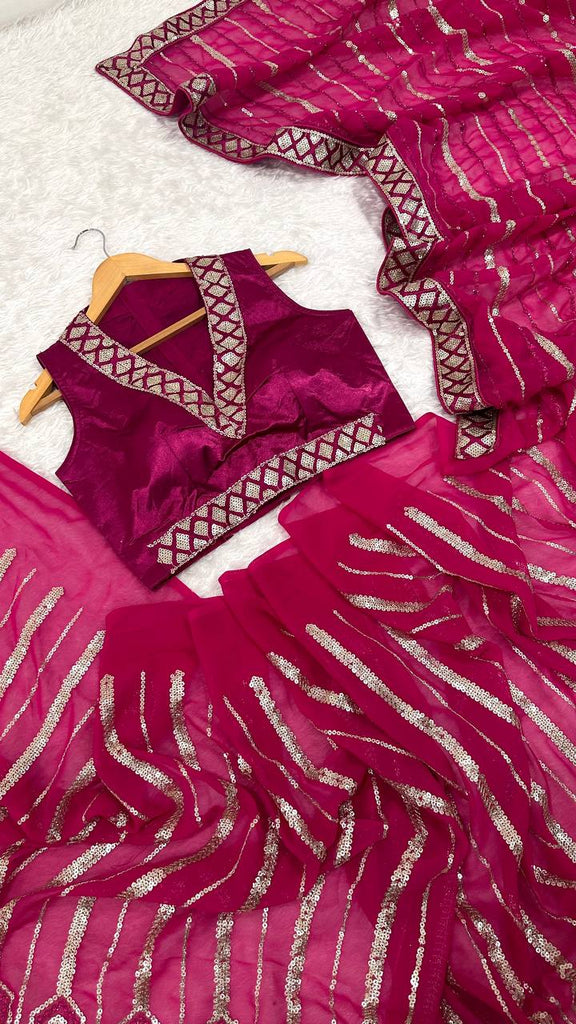 Pink Georgette Saree with Sequins, Thread & Dori Work Paired with Unstitched Japan Satin Blouse ClothsVilla