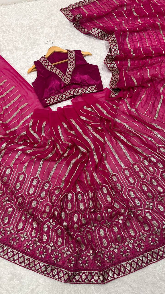 Pink Georgette Saree with Sequins, Thread & Dori Work Paired with Unstitched Japan Satin Blouse ClothsVilla