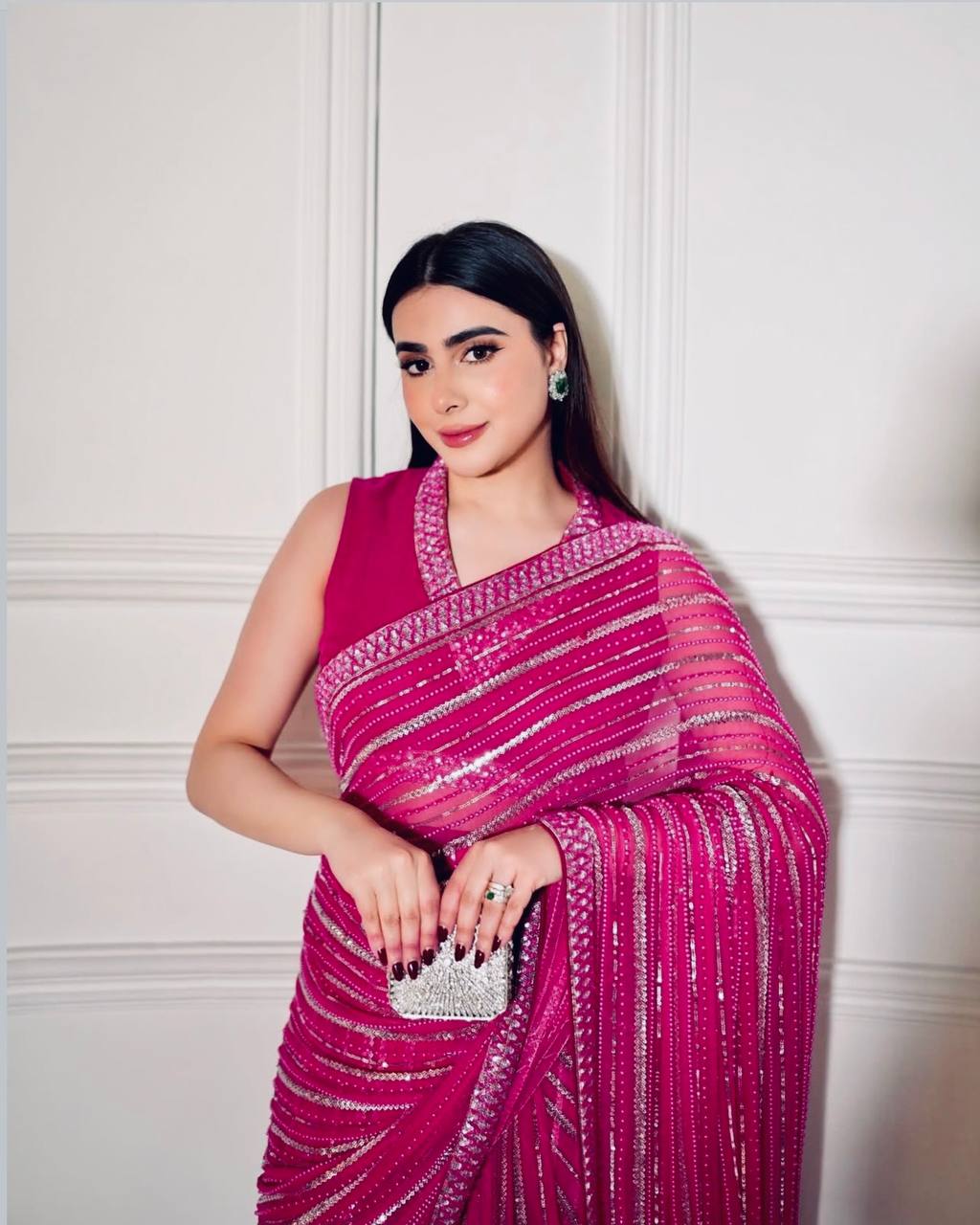 Pink Georgette Saree with Sequins, Thread & Dori Work Paired with Unstitched Japan Satin Blouse ClothsVilla