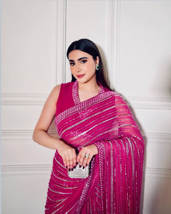 Pink Georgette Saree with Sequins, Thread & Dori Work Paired with Unstitched Japan Satin Blouse ClothsVilla