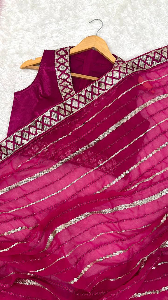 Pink Georgette Saree with Sequins, Thread & Dori Work Paired with Unstitched Japan Satin Blouse ClothsVilla