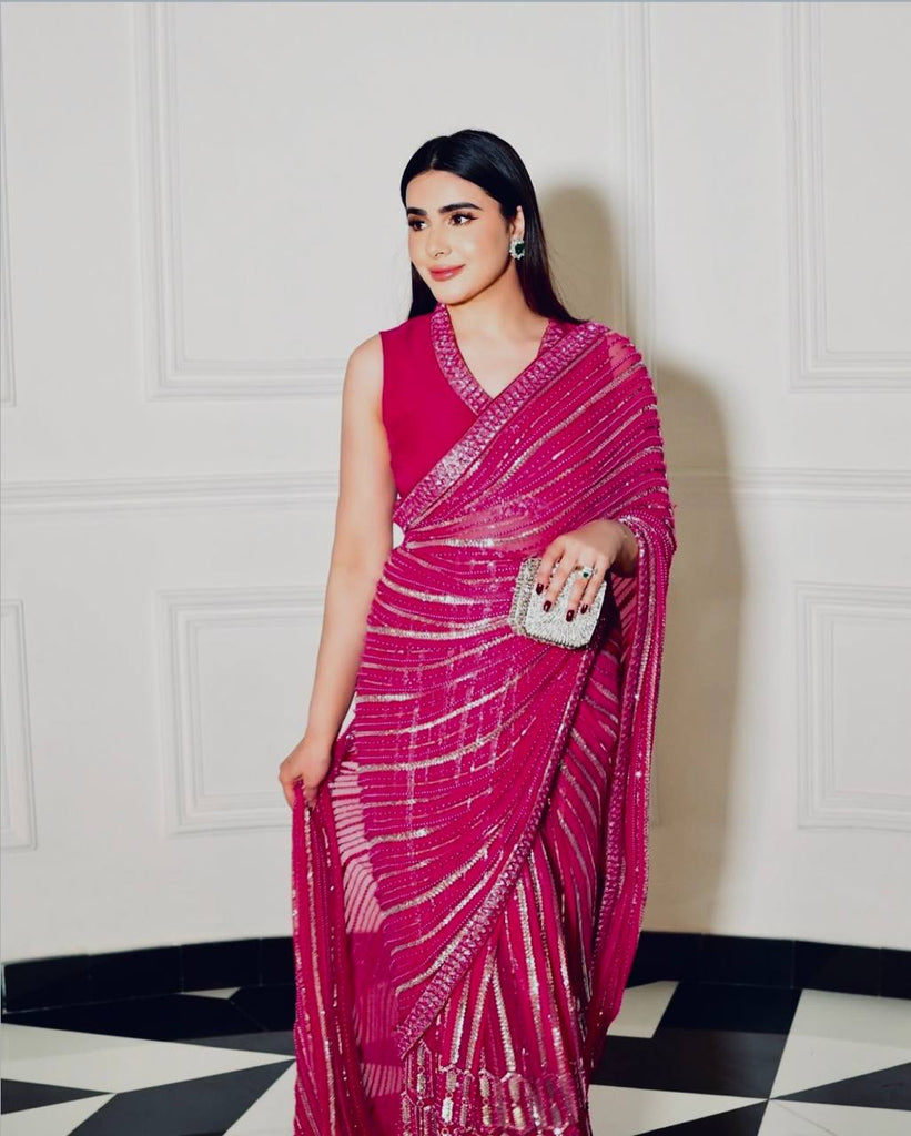 Pink Georgette Saree with Sequins, Thread & Dori Work Paired with Unstitched Japan Satin Blouse ClothsVilla