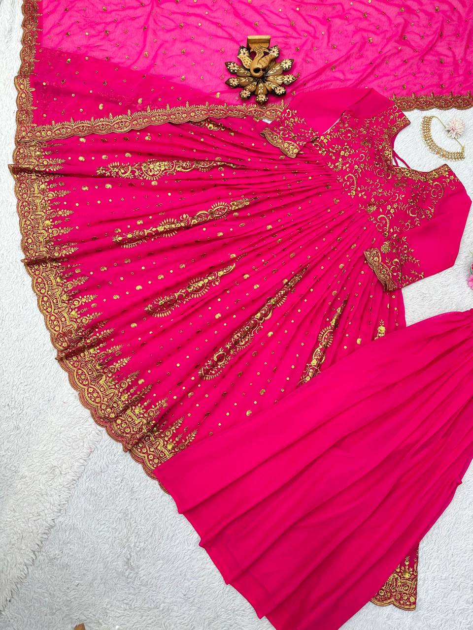 Pink Glam Fox Georgette Long Flared Anarkali with Plazo & Dupatta – Zari & Sequence ClothsVilla