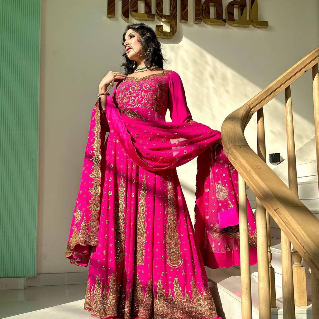 Pink Glam Fox Georgette Long Flared Anarkali with Plazo & Dupatta – Zari & Sequence ClothsVilla