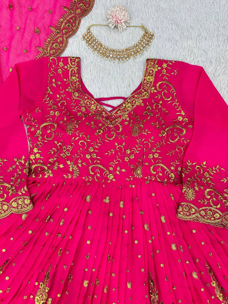 Pink Glam Fox Georgette Long Flared Anarkali with Plazo & Dupatta – Zari & Sequence ClothsVilla