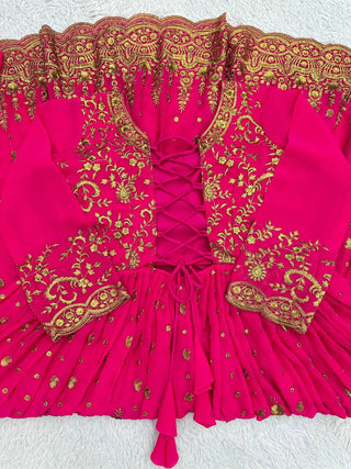 Pink Glam Fox Georgette Long Flared Anarkali with Plazo & Dupatta – Zari & Sequence ClothsVilla
