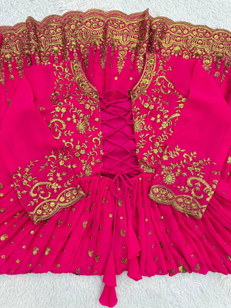 Pink Glam Fox Georgette Long Flared Anarkali with Plazo & Dupatta – Zari & Sequence ClothsVilla