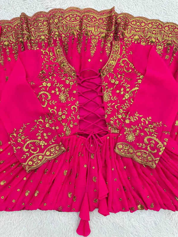 Pink Glam Fox Georgette Long Flared Anarkali with Plazo & Dupatta – Zari & Sequence ClothsVilla