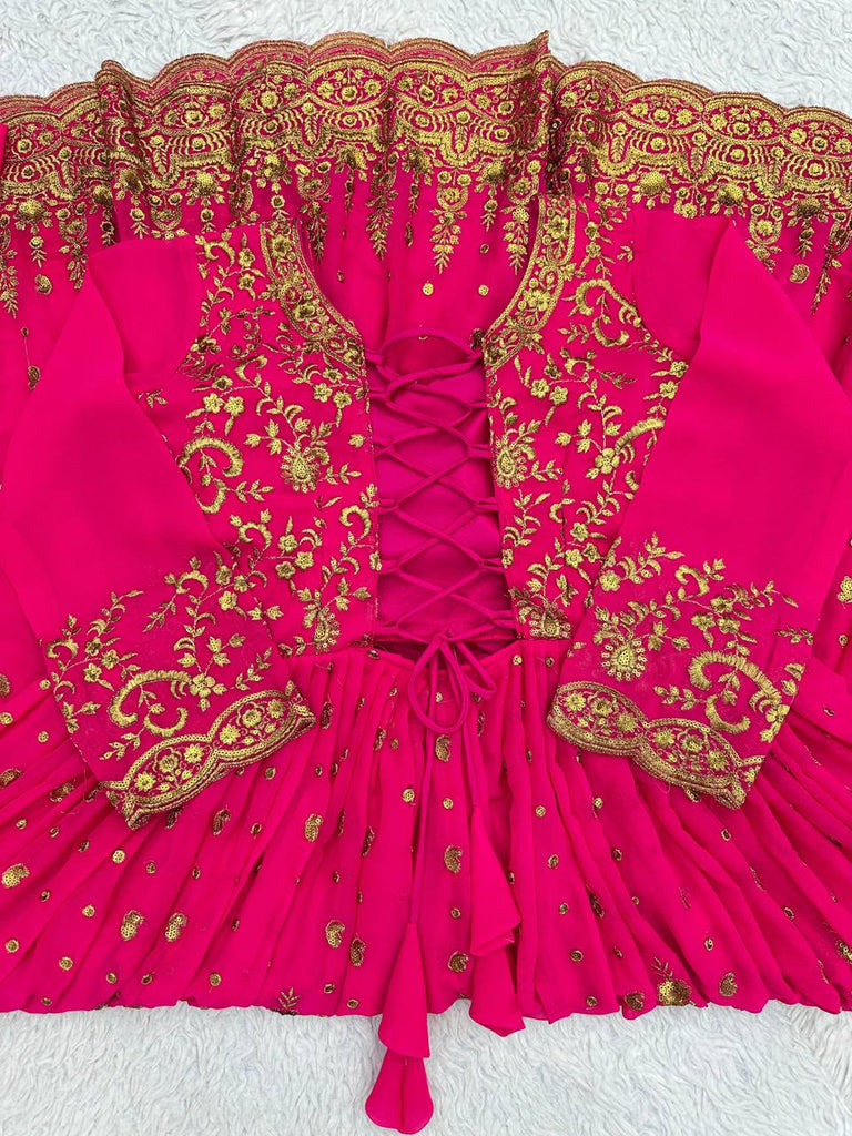 Pink Glam Fox Georgette Long Flared Anarkali with Plazo & Dupatta – Zari & Sequence ClothsVilla