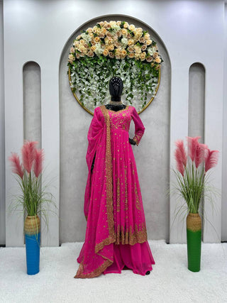 Pink Glam Fox Georgette Long Flared Anarkali with Plazo & Dupatta – Zari & Sequence ClothsVilla