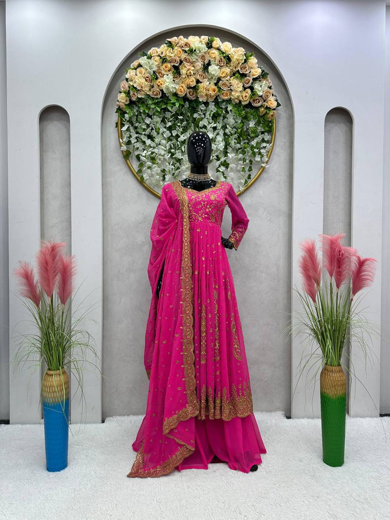 Pink Glam Fox Georgette Long Flared Anarkali with Plazo & Dupatta – Zari & Sequence ClothsVilla