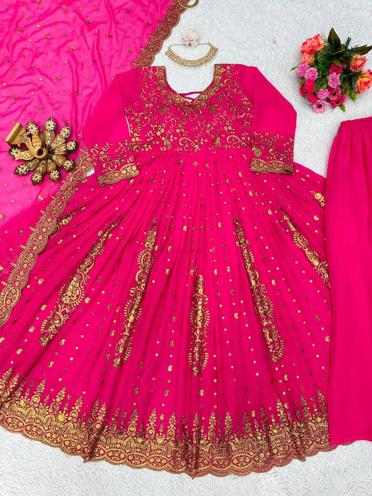 Pink Glam Fox Georgette Long Flared Anarkali with Plazo & Dupatta – Zari & Sequence ClothsVilla
