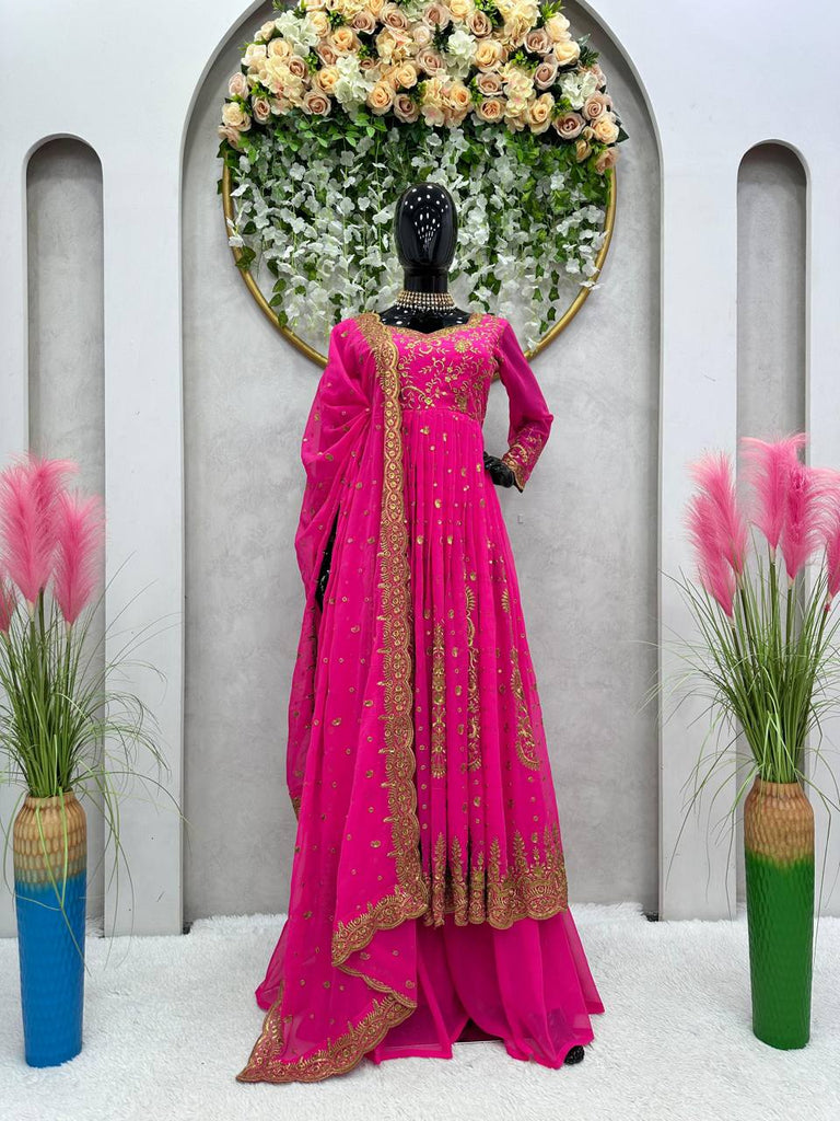 Pink Glam Fox Georgette Long Flared Anarkali with Plazo & Dupatta – Zari & Sequence ClothsVilla