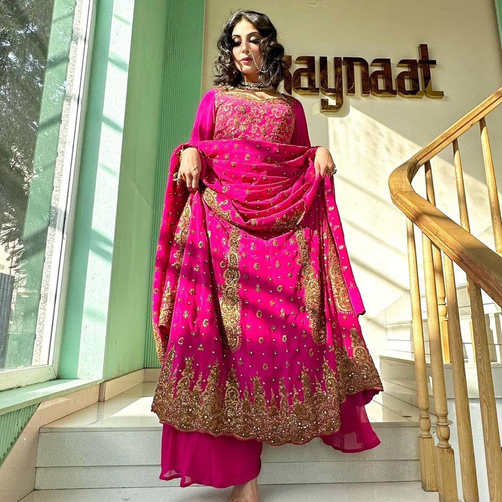 Pink Glam Fox Georgette Long Flared Anarkali with Plazo & Dupatta – Zari & Sequence ClothsVilla