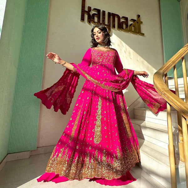 Pink Glam Fox Georgette Long Flared Anarkali with Plazo & Dupatta – Zari & Sequence ClothsVilla